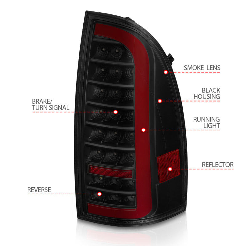 ANZO 05-15 Toyota Tacoma Full LED Tail Lights w/Light Bar Sequential Black Housing Smoke Lens 311428