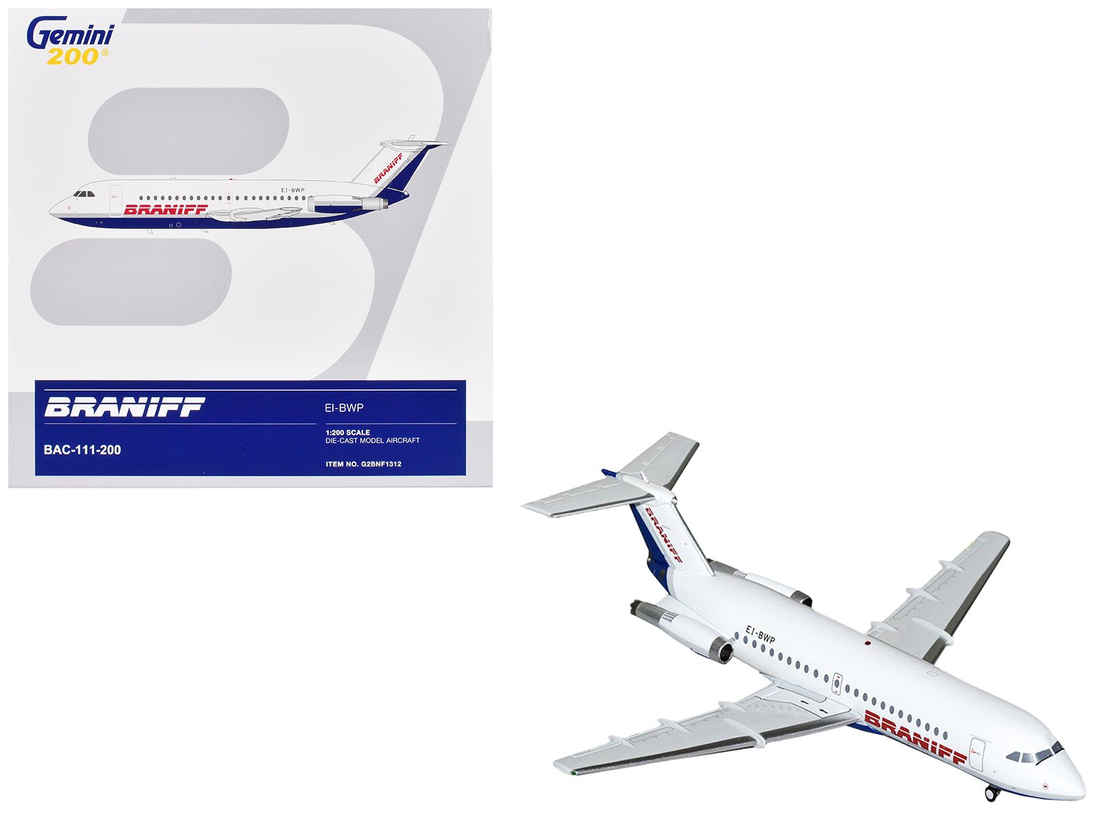BAC 111 - 200 Commercial Aircraft "Braniff International Airways" (EI - BWP) White with Blue Tail "Gemini 200" Series 1/200 Diecast Model Airplane by GeminiJets free shipping USA - Rapid Vehicles