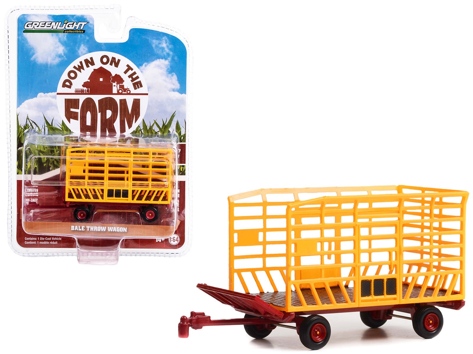 Bale Throw Wagon Yellow and Red "Down on the Farm" Series 7 1/64 Diecast Model by Greenlight free shipping USA - Rapid Vehicles