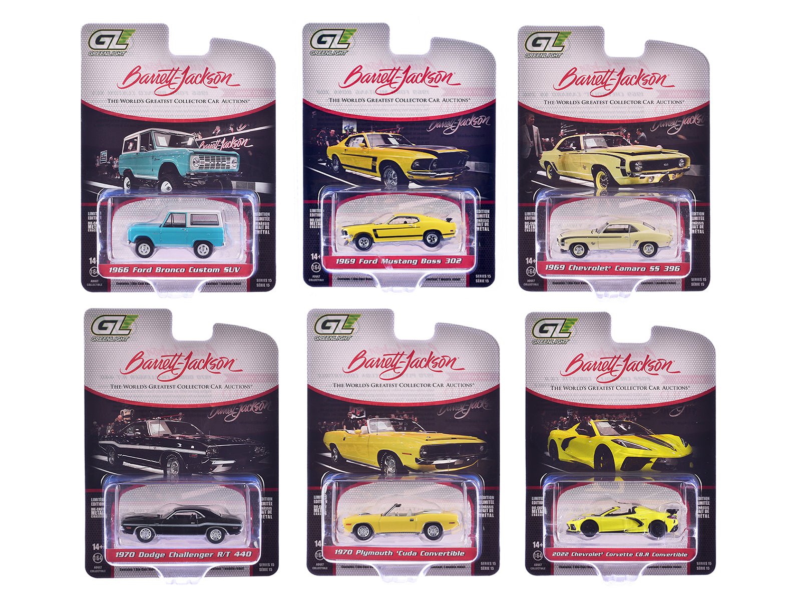 "Barrett - Jackson" Series 15 Set of 6 Cars 1/64 Diecast Model Cars by Greenlight free shipping USA - Rapid Vehicles