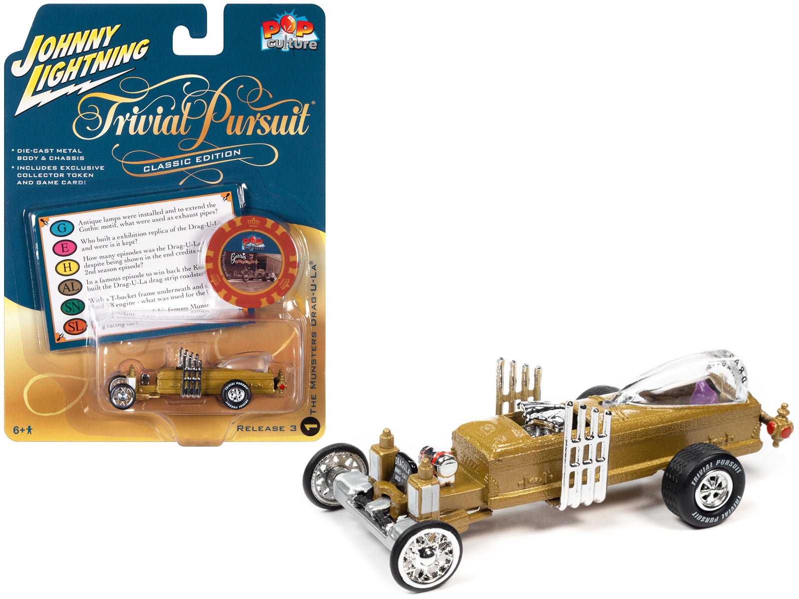 Barris Drag - U - La "The Munsters" "Trivia Pursuit" with Poker Chip Collector's Token and Game Card "Pop Culture" 2022 Release 3 1/64 Diecast Model Car by Johnny Lightning free shipping USA - Rapid Vehicles