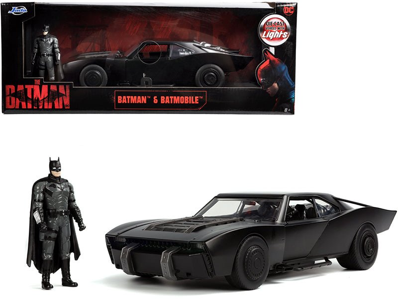 Batmobile Matt Black with Lights with Batman Diecast Figurine "The Batman" (2022) Movie "DC Comics" 1/18 Diecast Model Car by Jada free shipping USA - Rapid Vehicles