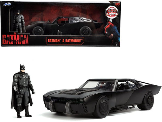 Batmobile Matt Black with Lights with Batman Diecast Figurine "The Batman" (2022) Movie "DC Comics" 1/18 Diecast Model Car by Jada free shipping USA - Rapid Vehicles