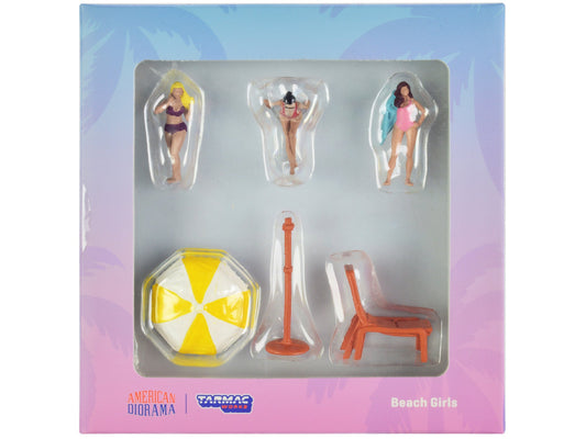 "Beach Girls" 5 piece Diecast Figure Set (3 Female Figures and 2 Beach Accessories) for 1/64 Scale Models by Tarmac Works & American Diorama free shipping USA - Rapid Vehicles
