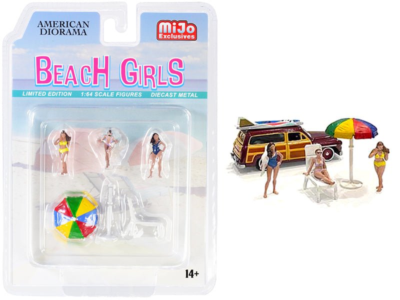 "Beach Girls" 5 piece Diecast Set (3 Figurines 1 Beach Chaise and 1 Beach Umbrella) for 1/64 Scale Models by American Diorama free shipping USA - Rapid Vehicles