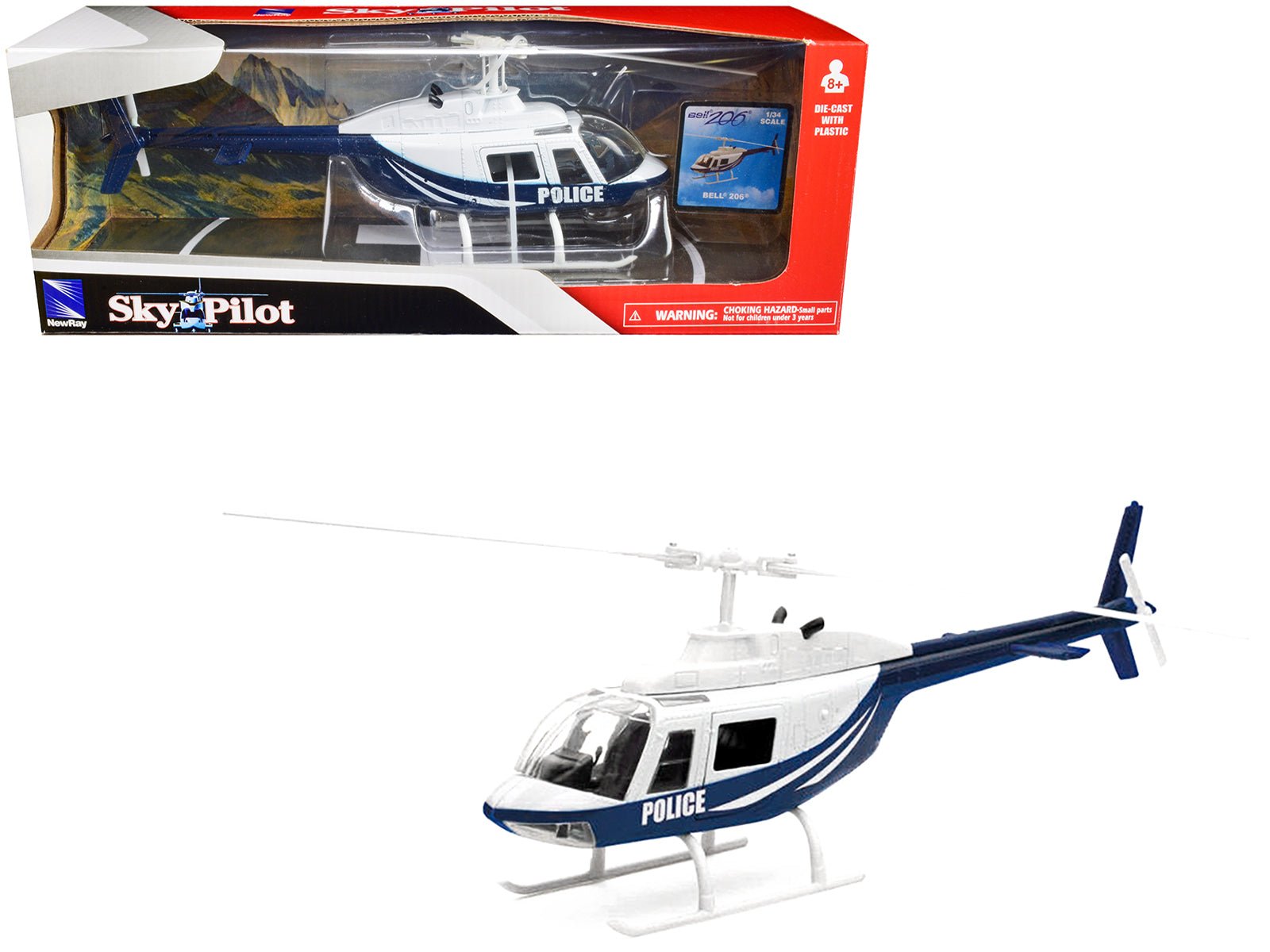Bell 206 Helicopter Dark Blue and White "Police" "Sky Pilot" Series 1/34 Diecast Model by New Ray free shipping USA - Rapid Vehicles