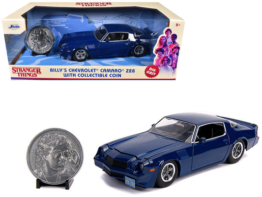 Billy's Chevrolet Camaro Z28 Dark Blue with Collectible Coin "Stranger Things" (2016) TV Series 1/24 Diecast Model Car by Jada free shipping USA - Rapid Vehicles