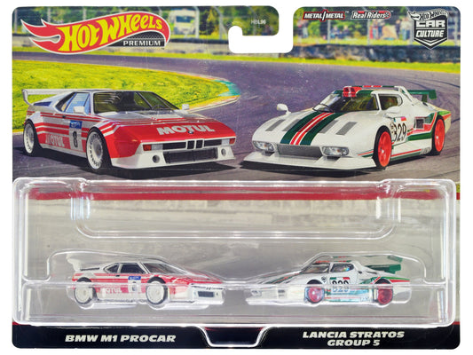 BMW M1 Procar 8 White with Red Stripes and Lancia Stratos Group 5 829 White with Stripes "Car Culture" Set of 2 Cars Diecast Model Cars by Hot Wheels free shipping USA - Rapid Vehicles