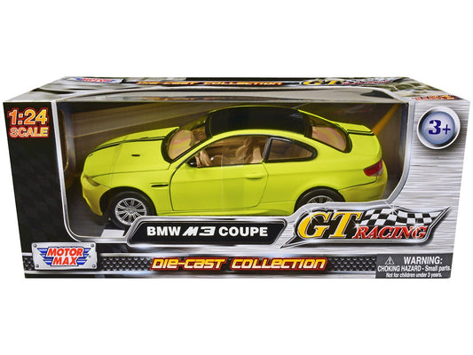 BMW M3 Coupe Neon Yellow with Matt Black Top and Stripes "GT Racing" Series 1/24 Diecast Model Car by Motormax free shipping USA - Rapid Vehicles