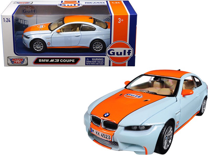 BMW M3 Coupe with "Gulf Oil" Livery Light Blue with Orange Stripe 1/24 Diecast Model Car by Motormax free shipping USA - Rapid Vehicles