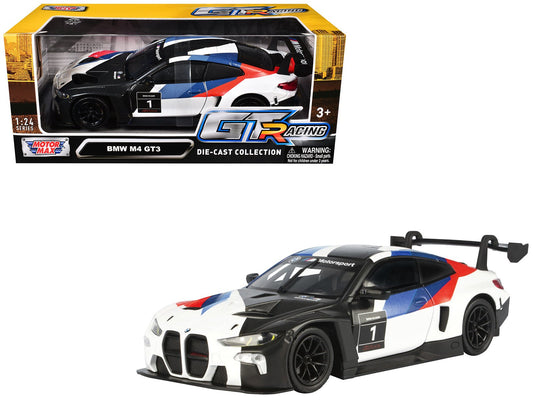 BMW M4 GT3 1 White with Black Blue and Red Graphics "GT Racing" Series 1/24 Diecast Model Car by Motormax free shipping USA - Rapid Vehicles