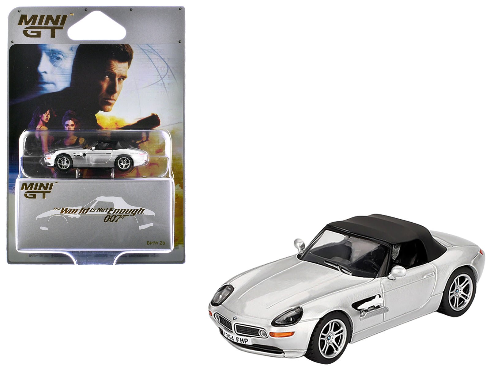 BMW Z8 Silver Metallic with Black Soft Top 007 James Bond "The World Is Not Enough" (1999) Movie Limited Edition 1/64 Diecast Model Car by Mini GT free shipping USA - Rapid Vehicles