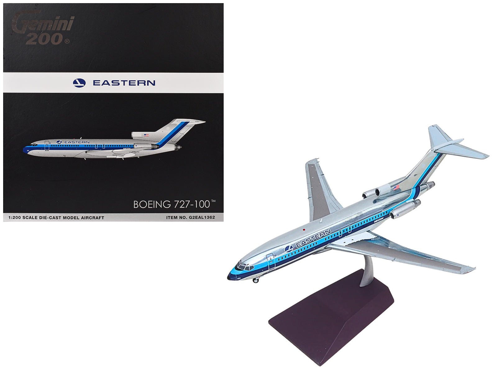 Boeing 727-100 Commercial Aircraft "Eastern Air Lines" (N8120N) Silver with Blue Stripes "Gemini 200" Series 1/200 Diecast Model Airplane by GeminiJets free shipping USA - Rapid Vehicles