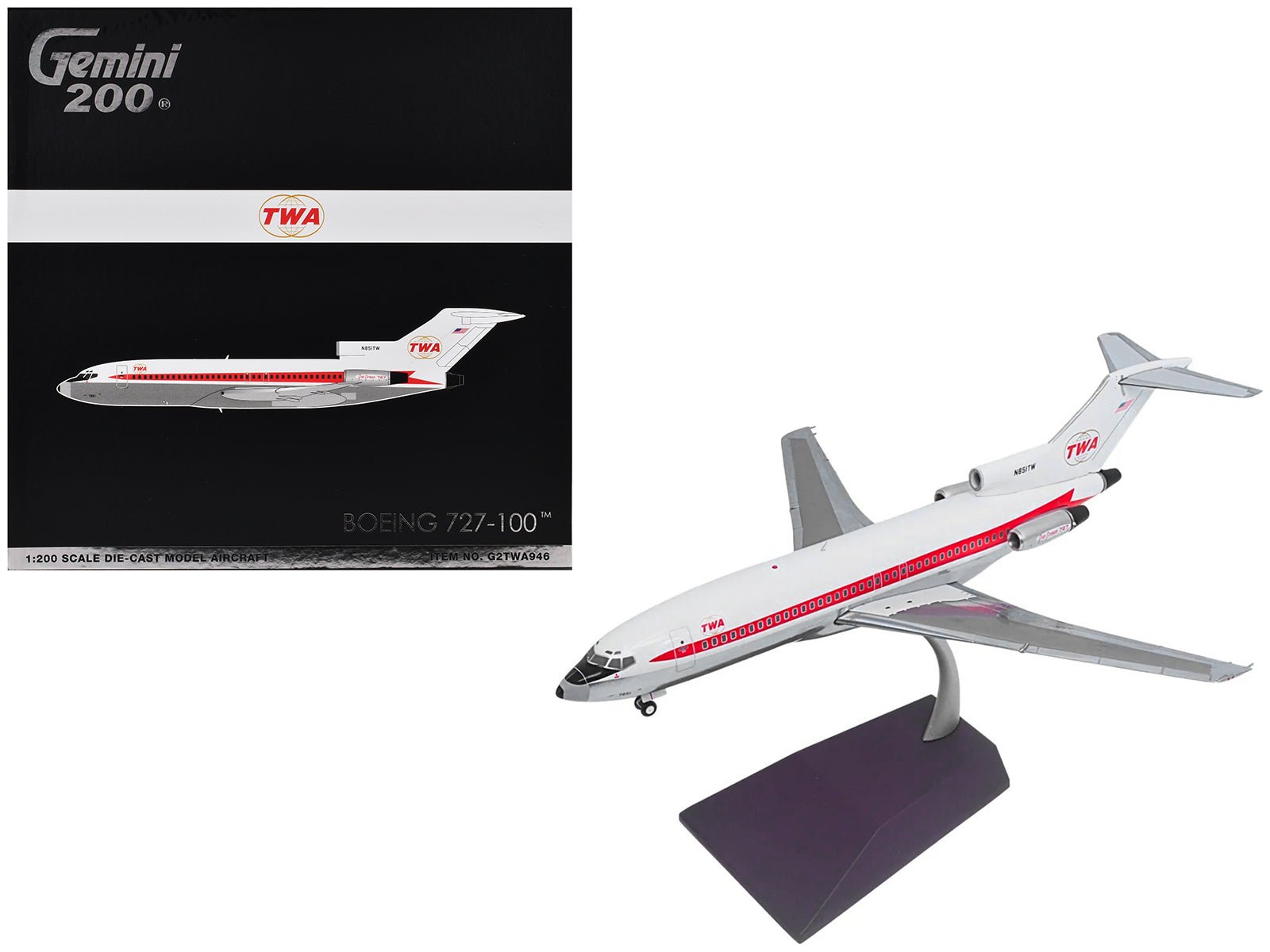 Boeing 727-100 Commercial Aircraft "Trans World Airlines (TWA)" (N851TW) White with Red Stripes "Gemini 200" Series 1/200 Diecast Model Airplane by GeminiJets free shipping USA - Rapid Vehicles