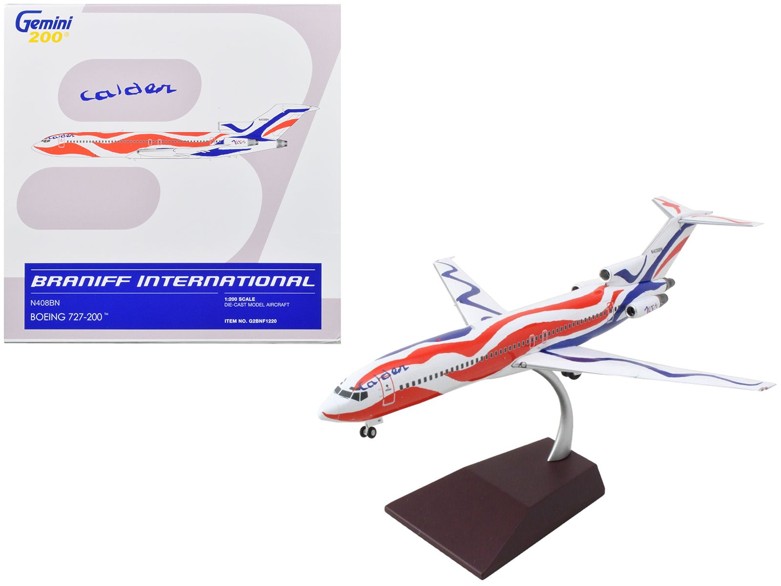 Boeing 727 - 200 Commercial Aircraft "Braniff International Airways - Calder Bicentennial Livery" White with Red and Blue Stripes "Gemini 200" Series 1/200 Diecast Model Airplane by GeminiJets free shipping USA - Rapid Vehicles