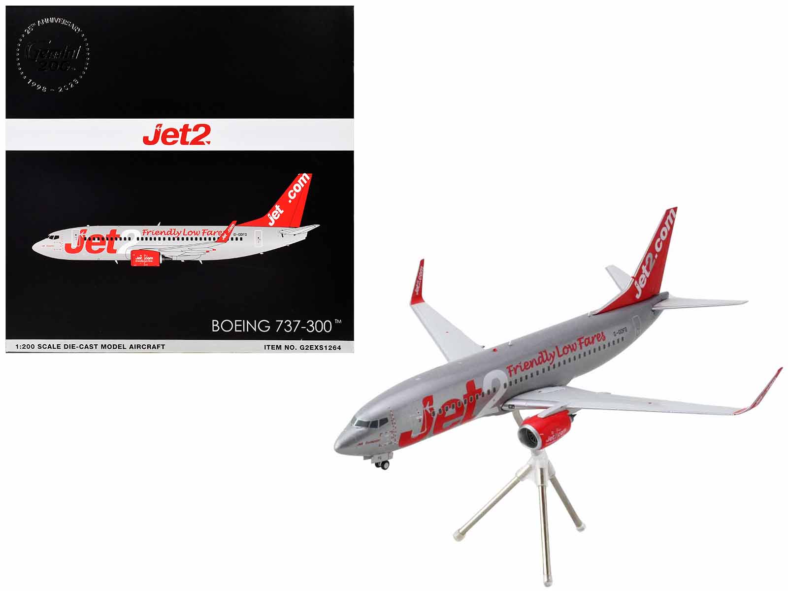 Boeing 737 - 300 Commercial Aircraft "Jet2" (G - GDFG) Gray Metallic with Red Tail "Gemini 200" Series 1/200 Diecast Model Airplane by GeminiJets free shipping USA - Rapid Vehicles