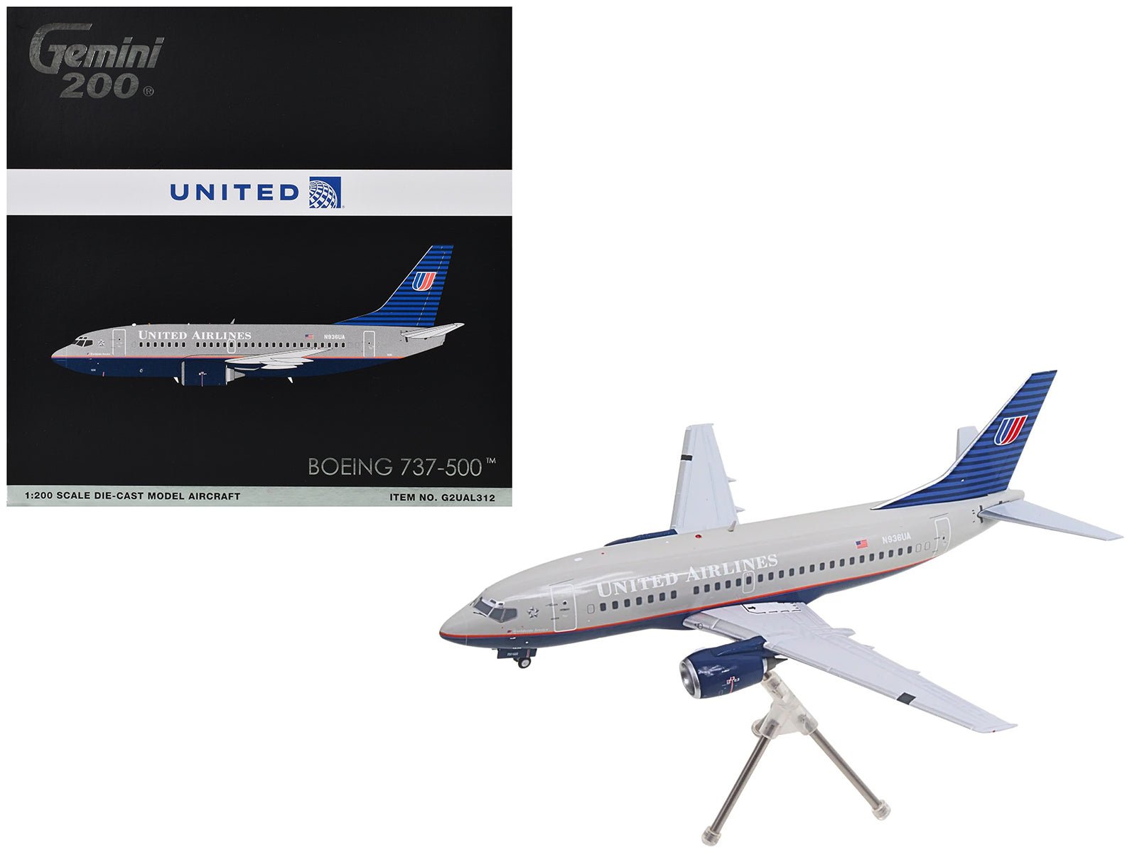 Boeing 737 - 500 Commercial Aircraft "United Airlines - Classic 737 Series" (N936UA) Gray with Blue Tail "Gemini 200" Series 1/200 Diecast Model Airplane by GeminiJets free shipping USA - Rapid Vehicles