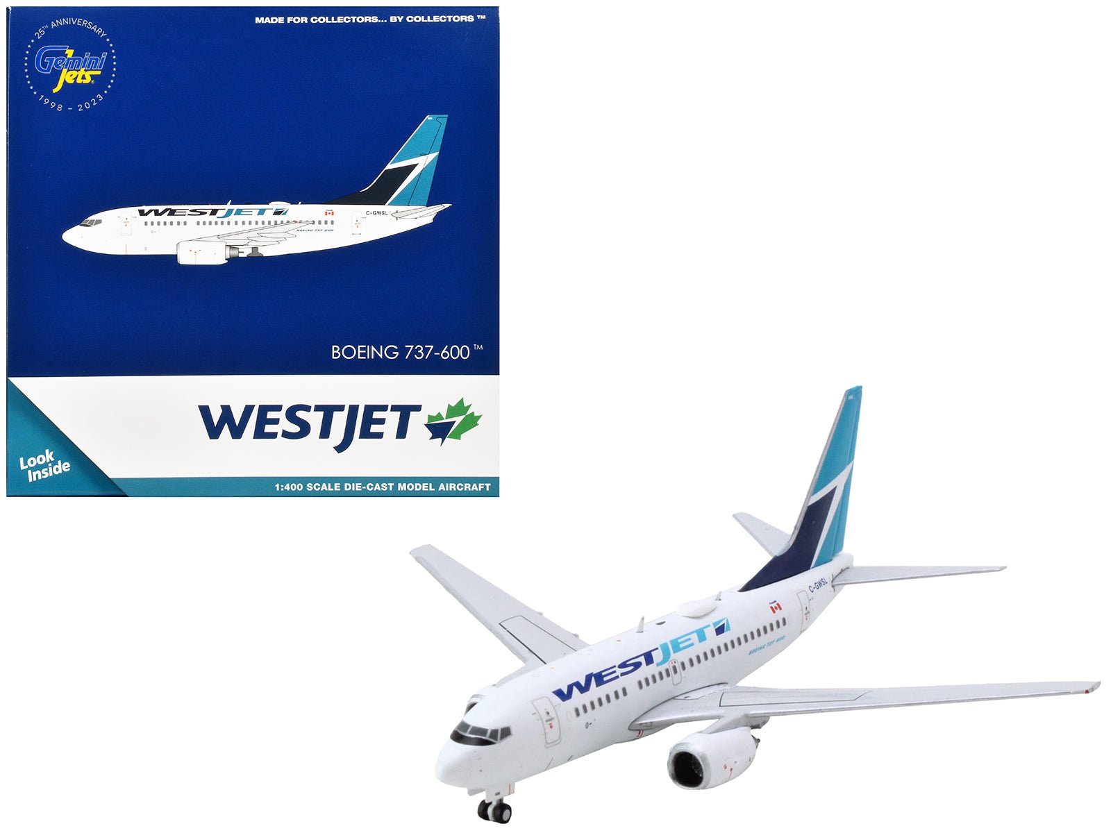 Boeing 737 - 600 Commercial Aircraft "Westjet Airlines" (C - GWSL) White with Blue Tail 1/400 Diecast Model Airplane by GeminiJets free shipping USA - Rapid Vehicles