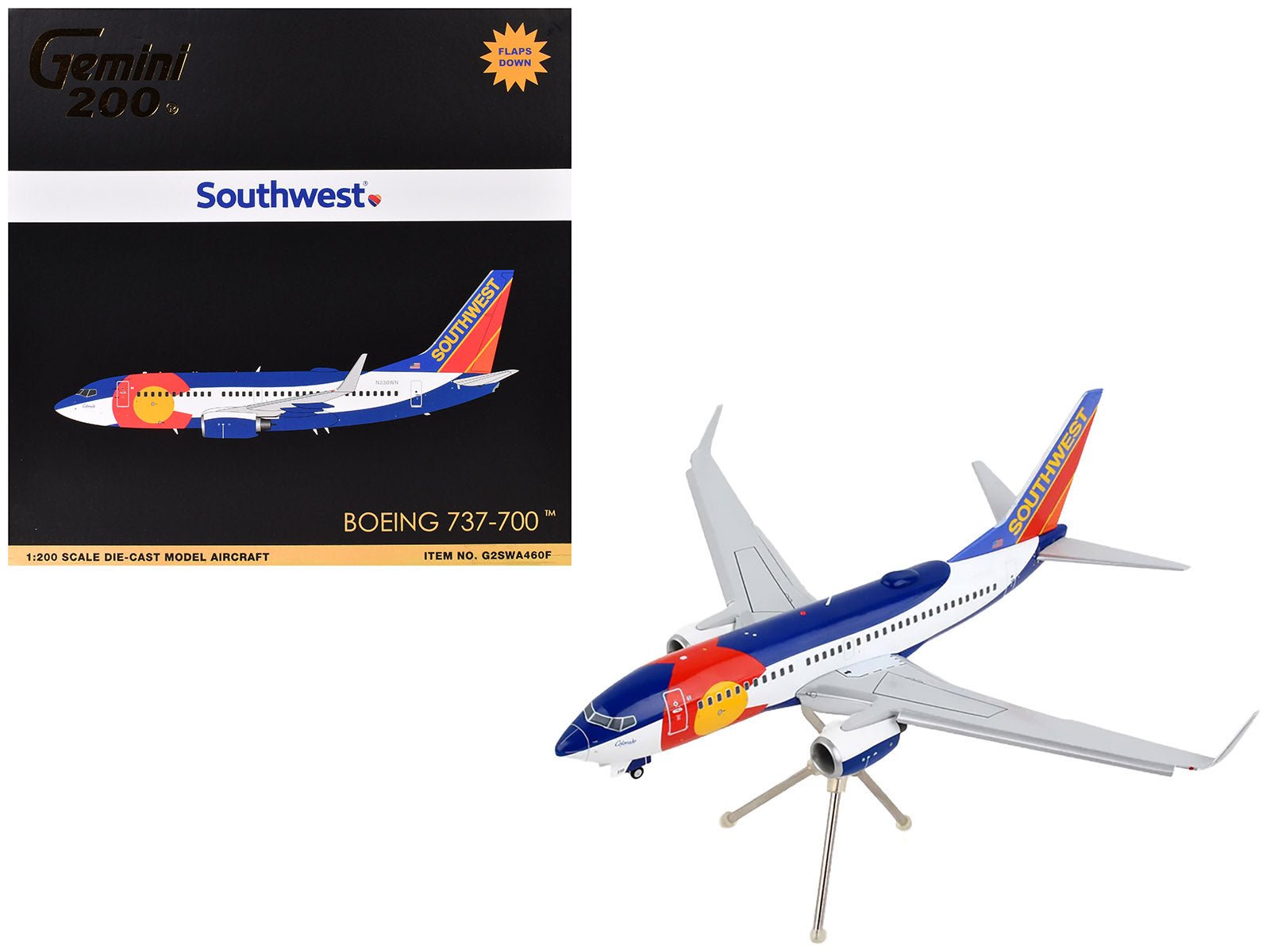 Boeing 737 - 700 Commercial Aircraft with Flaps Down Configuration "Southwest Airlines - Colorado One" (N230WN) White and Blue "Gemini 200" Series 1/200 Diecast Model Airplane by GeminiJets free shipping USA - Rapid Vehicles