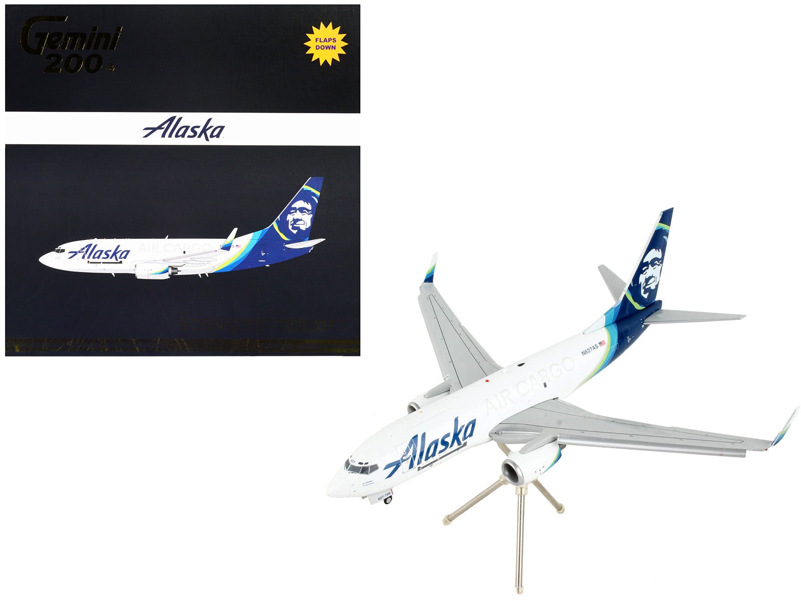 Boeing 737 - 700BDSF Commercial Aircraft with Flaps Down "Alaska Air Cargo" White with Blue Tail "Gemini 200" Series 1/200 Diecast Model Airplane by GeminiJets free shipping USA - Rapid Vehicles