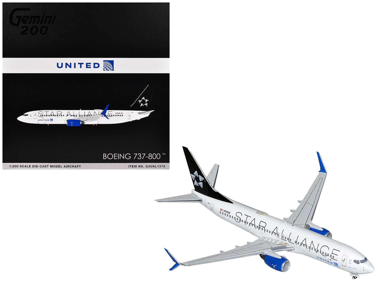 Boeing 737 - 800 Commercial Aircraft "United Airlines Star Alliance" (N76516) White with Black Tail "Gemini 200" Series 1/200 Diecast Model Airplane by GeminiJets free shipping USA - Rapid Vehicles