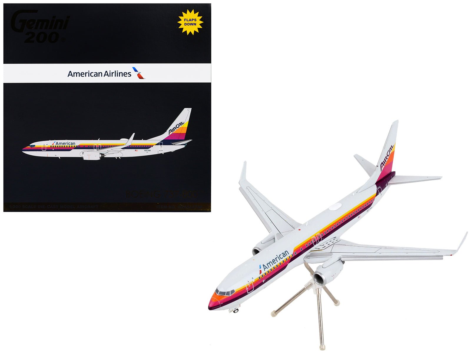 Boeing 737 - 800 Commercial Aircraft with Flaps Down "American Airlines - AirCal" Gray with Stripes "Gemini 200" Series 1/200 Diecast Model Airplane by GeminiJets free shipping USA - Rapid Vehicles