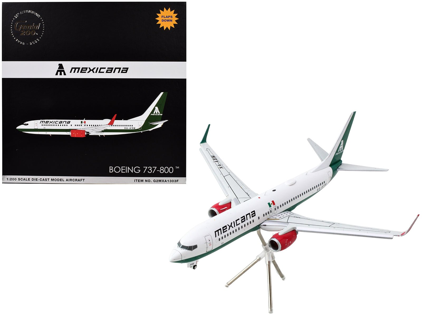 Boeing 737 - 800 Commercial Aircraft with Flaps Down "Mexicana" (XA - ASM) White with Green Stripes "Gemini 200" Series 1/200 Diecast Model Airplane by GeminiJets free shipping USA - Rapid Vehicles