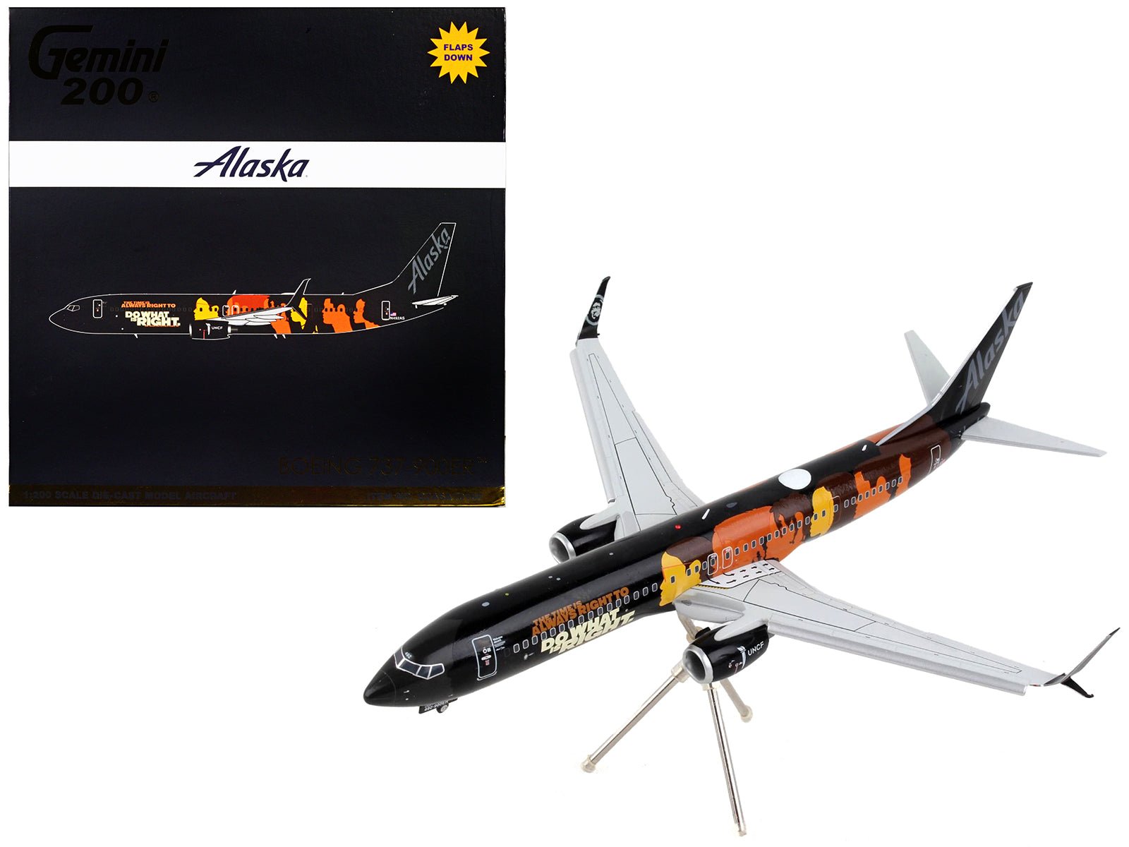 Boeing 737 - 900ER Commercial Aircraft with Flaps Down "Alaska Airlines - Our Commitment" Black with Graphics "Gemini 200" Series 1/200 Diecast Model Airplane by GeminiJets free shipping USA - Rapid Vehicles