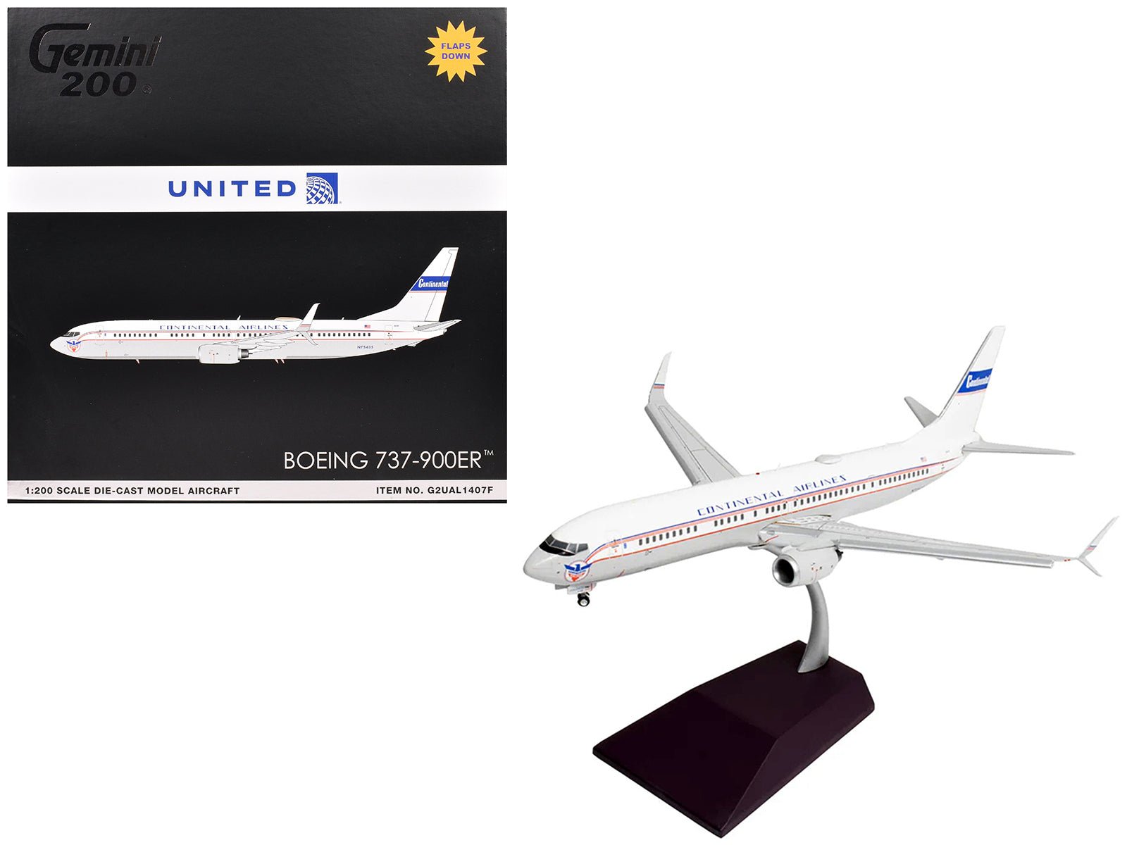 Boeing 737 - 900ER Commercial Aircraft with Flaps Down "Continental Airlines - United Airlines" (N75435) White with Red and Blue Stripes "Gemini 200" Series 1/200 Diecast Model Airplane by GeminiJets free shipping USA - Rapid Vehicles