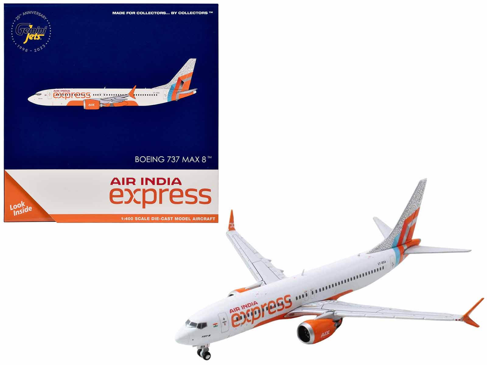 Boeing 737 MAX 8 Commercial Aircraft "Air India Express" (VT - BXA) White with Tail Graphics 1/400 Diecast Model Airplane by GeminiJets free shipping USA - Rapid Vehicles