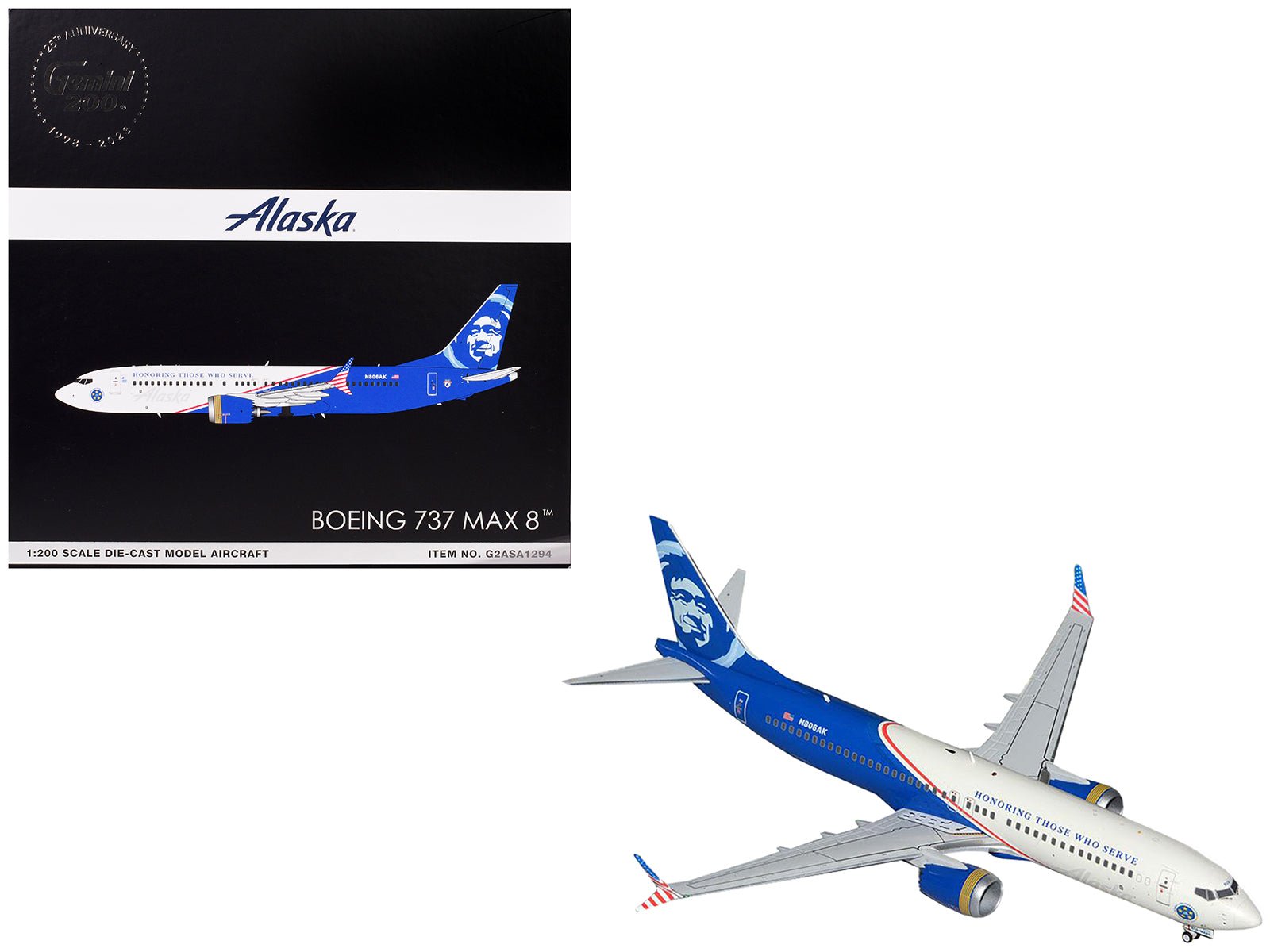 Boeing 737 MAX 8 Commercial Aircraft "Alaska Airlines - Honoring Those Who Serve" (N806AK) White and Blue "Gemini 200" Series 1/200 Diecast Model Airplane by GeminiJets free shipping USA - Rapid Vehicles