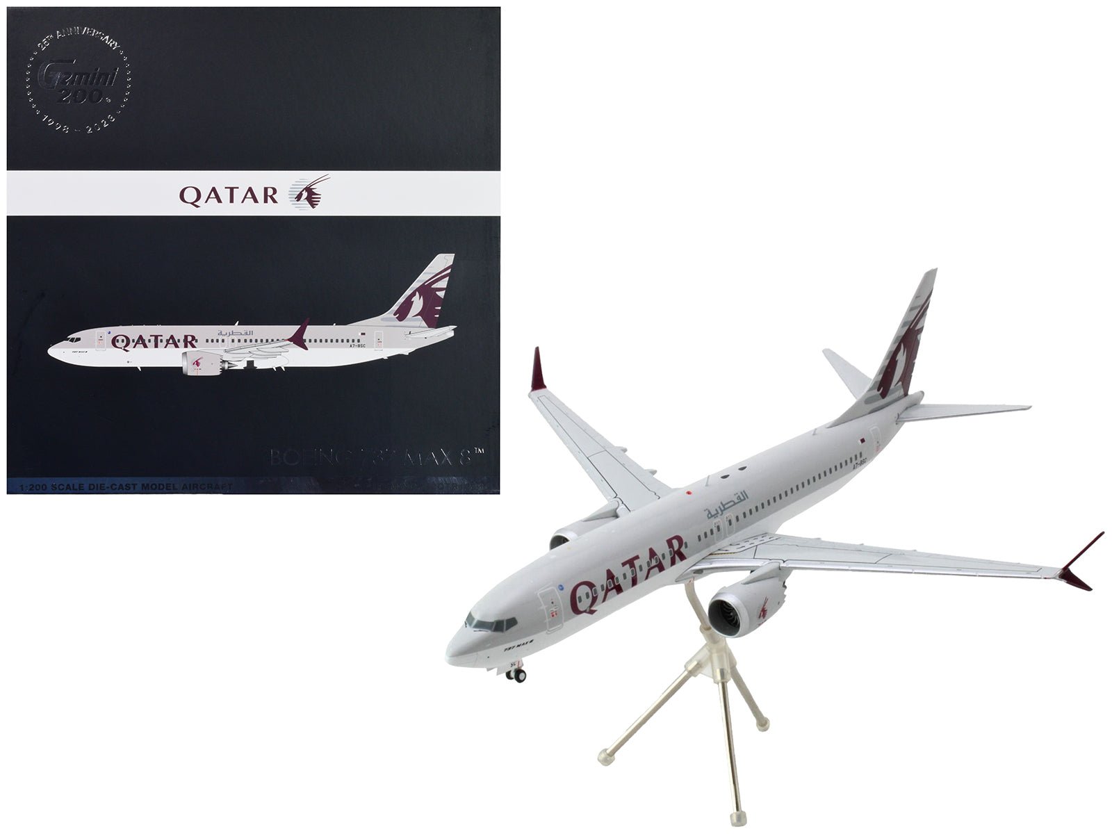 Boeing 737 MAX 8 Commercial Aircraft "Qatar Airways" Gray and White with Tail Graphics "Gemini 200" Series 1/200 Diecast Model Airplane by GeminiJets free shipping USA - Rapid Vehicles