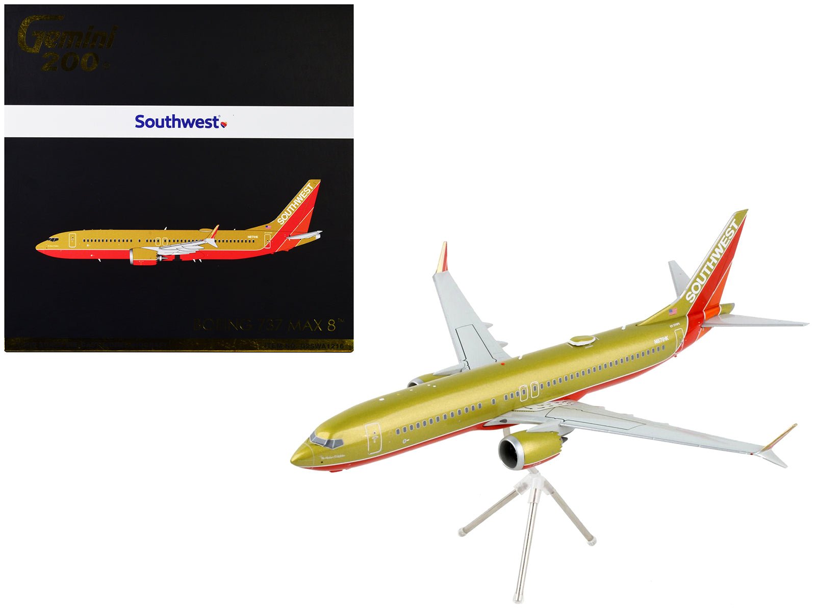 Boeing 737 MAX 8 Commercial Aircraft "Southwest Airlines" Gold and Red "Gemini 200" Series 1/200 Diecast Model Airplane by GeminiJets free shipping USA - Rapid Vehicles