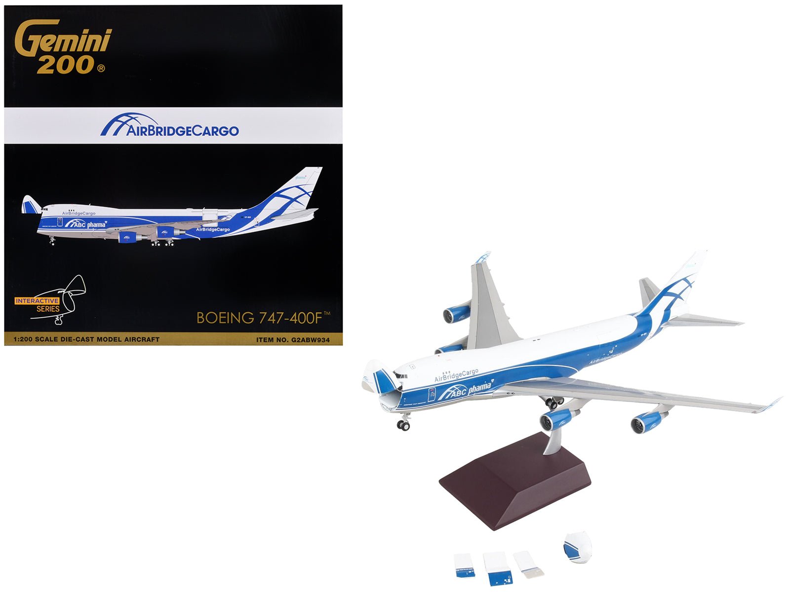Boeing 747 - 400F Commercial Aircraft "AirBridgeCargo Airlines" White with Blue Stripes "Gemini 200 - Interactive" Series 1/200 Diecast Model Airplane by GeminiJets free shipping USA - Rapid Vehicles