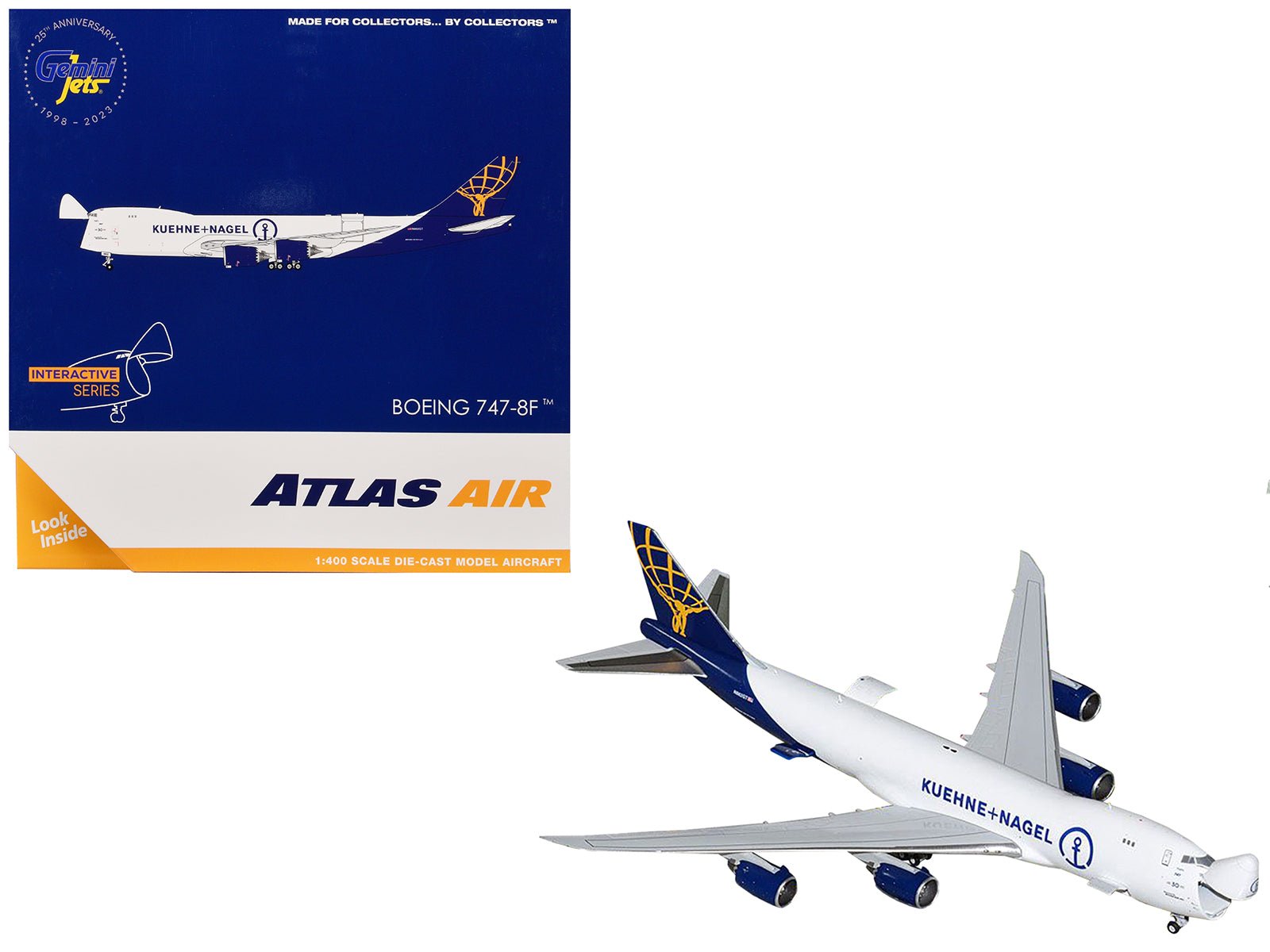 Boeing 747 - 8F Commercial Aircraft "Atlas Air - Kuehne+Nagel" (N862GT) White with Blue Tail "Interactive Series" 1/400 Diecast Model Airplane by GeminiJets free shipping USA - Rapid Vehicles
