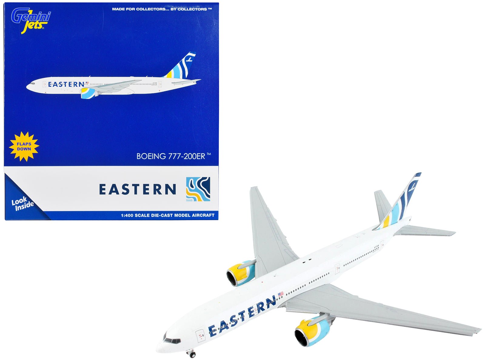 Boeing 777 - 200ER Commercial Aircraft with Flaps Down "Eastern Air Lines" White with Striped Tail 1/400 Diecast Model Airplane by GeminiJets free shipping USA - Rapid Vehicles