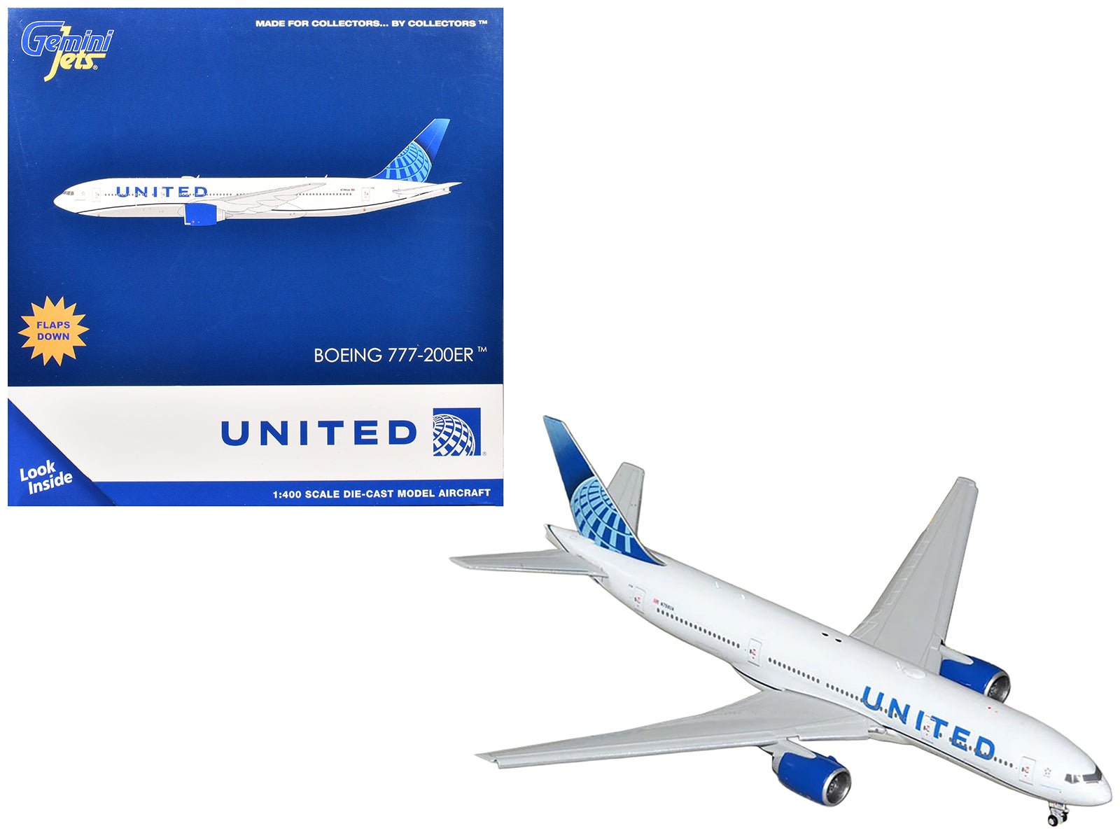 Boeing 777 - 200ER Commercial Aircraft with Flaps Down "United Airlines" (N798UA) White with Blue Tail 1/400 Diecast Model Airplane by GeminiJets free shipping USA - Rapid Vehicles