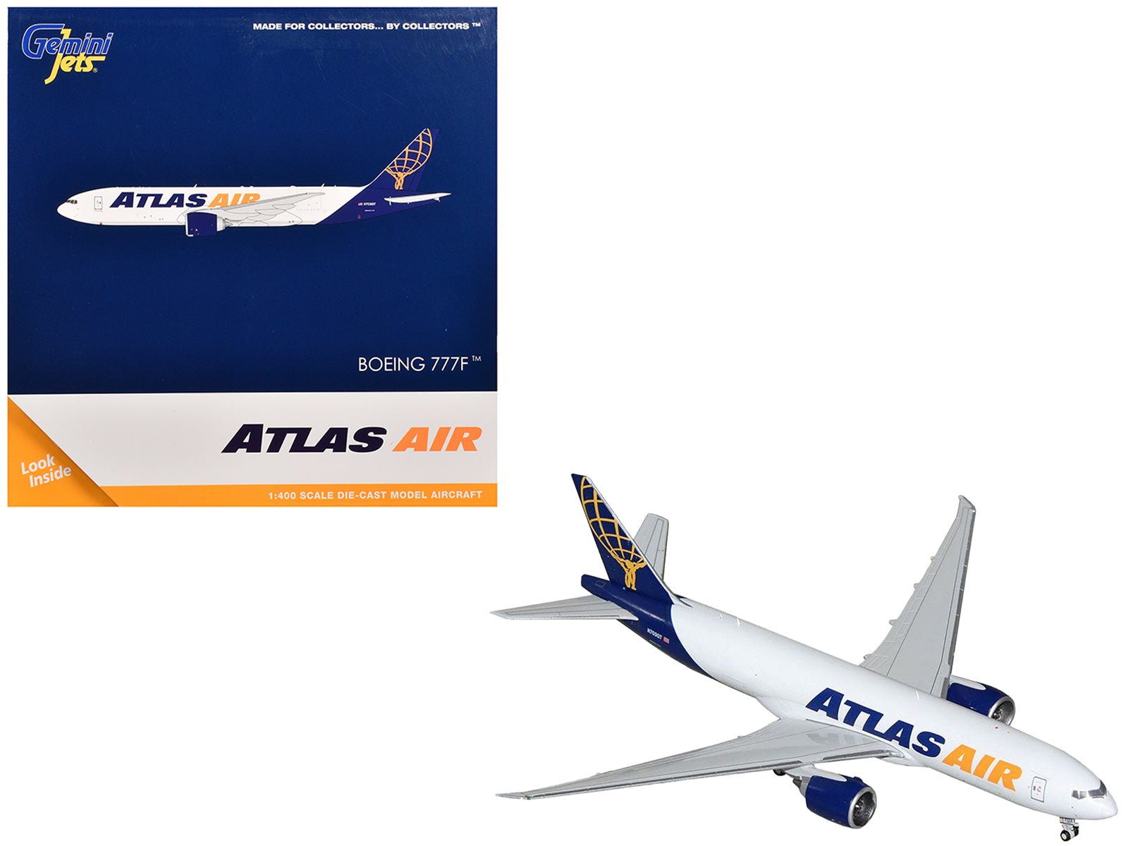 Boeing 777 - 200LR Commercial Aircraft "Atlas Air" (N703GT) White with Blue Tail 1/400 Diecast Model Airplane by GeminiJets free shipping USA - Rapid Vehicles