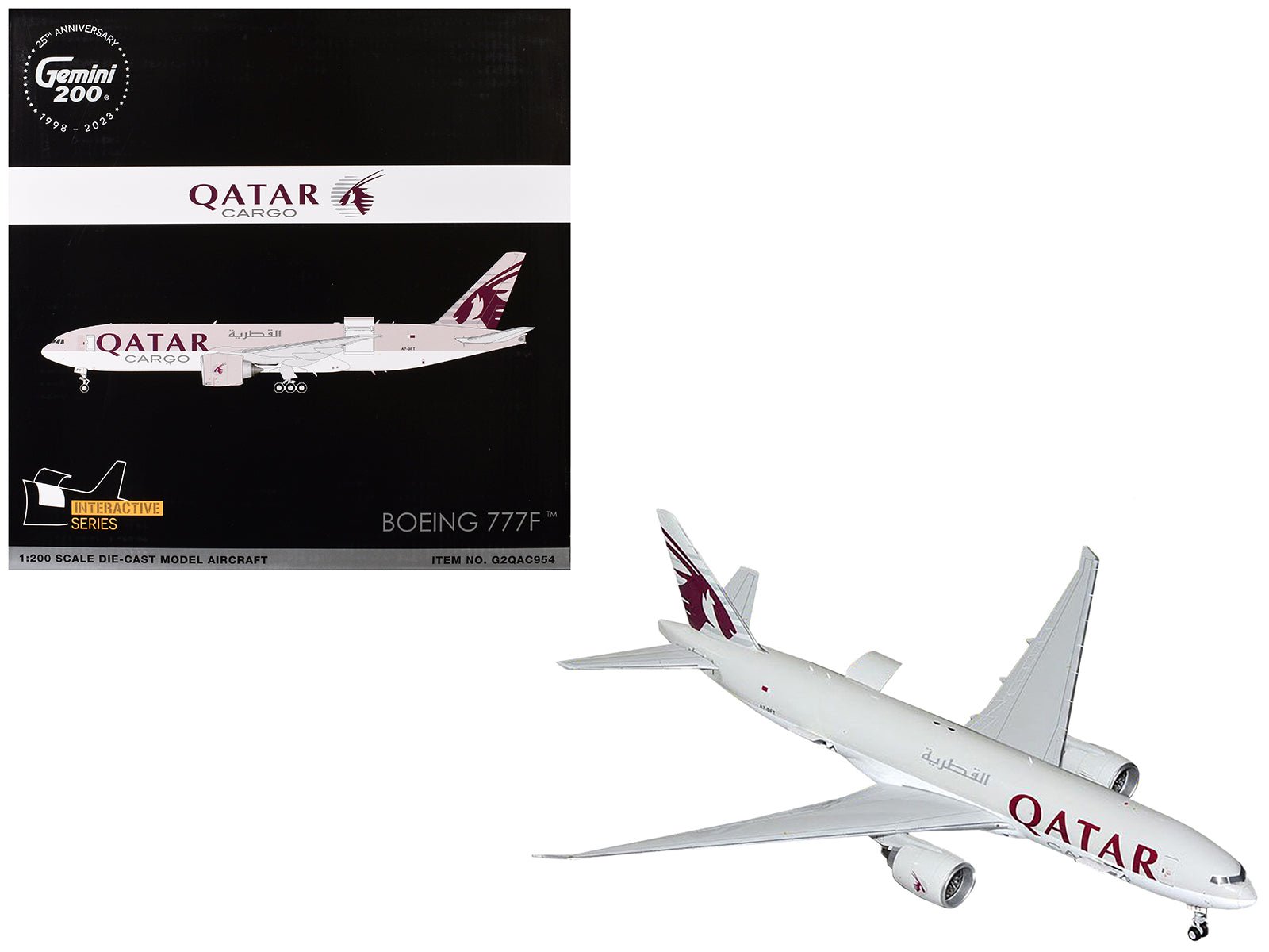 Boeing 777F Commercial Aircraft "Qatar Cargo" (A7 - BFT) Gray with Tail Graphics "Gemini 200 - Interactive" Series 1/200 Diecast Model Airplane by GeminiJets free shipping USA - Rapid Vehicles
