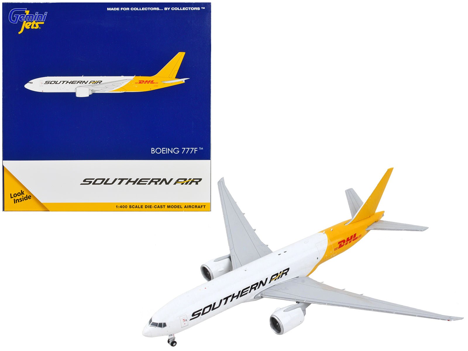 Boeing 777F Commercial Aircraft "Southern Air - DHL" White and Yellow 1/400 Diecast Model Airplane by GeminiJets free shipping USA - Rapid Vehicles