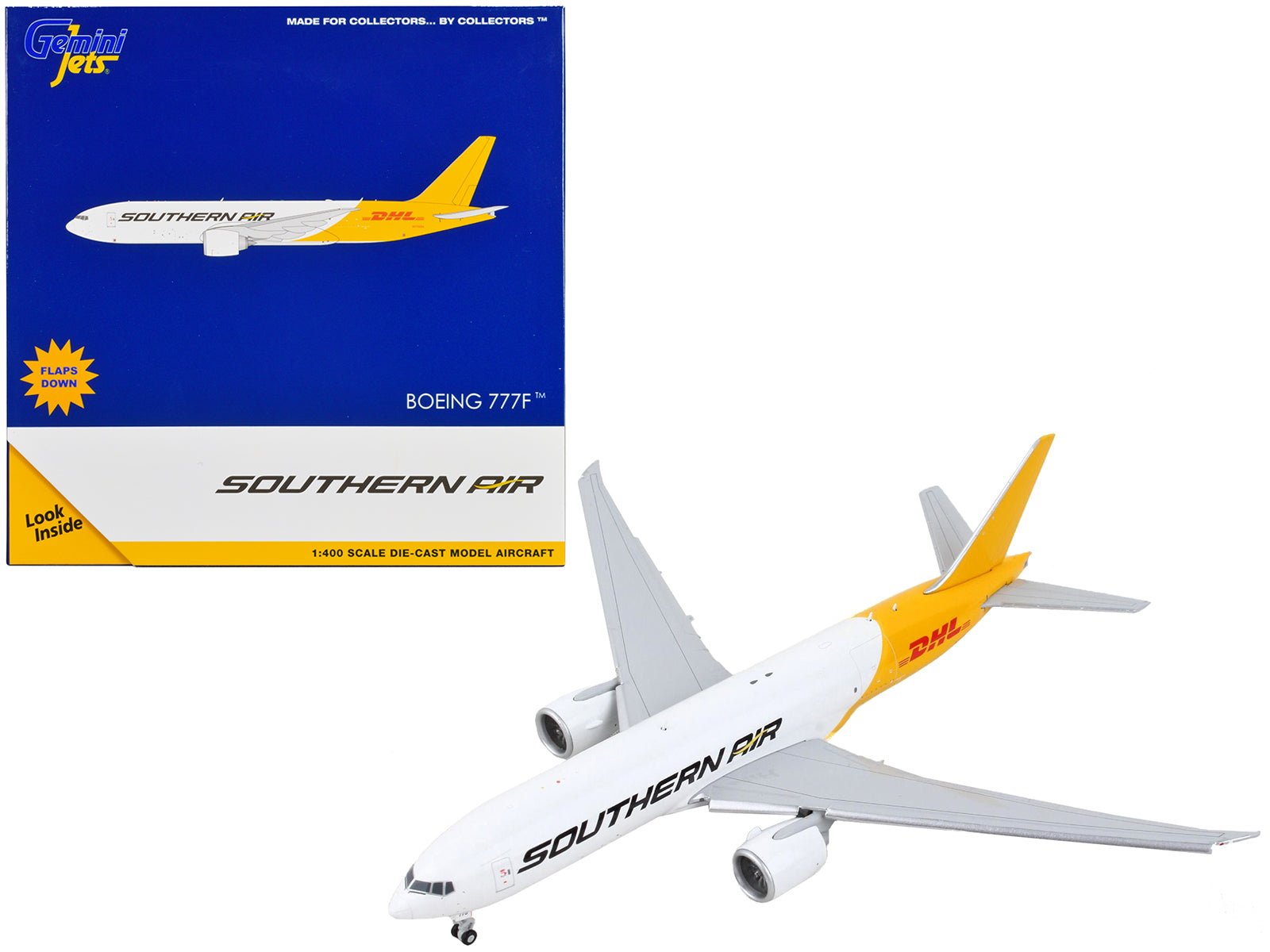 Boeing 777F Commercial Aircraft with Flaps Down "Southern Air - DHL" White and Yellow 1/400 Diecast Model Airplane by GeminiJets free shipping USA - Rapid Vehicles