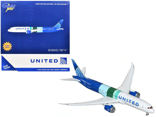 Boeing 787 - 9 Commercial Aircraft with Flaps Down "United Airlines - The Future is SAF" (N24988) White and Blue with Stripes 1/400 Diecast Model Airplane by GeminiJets free shipping USA - Rapid Vehicles