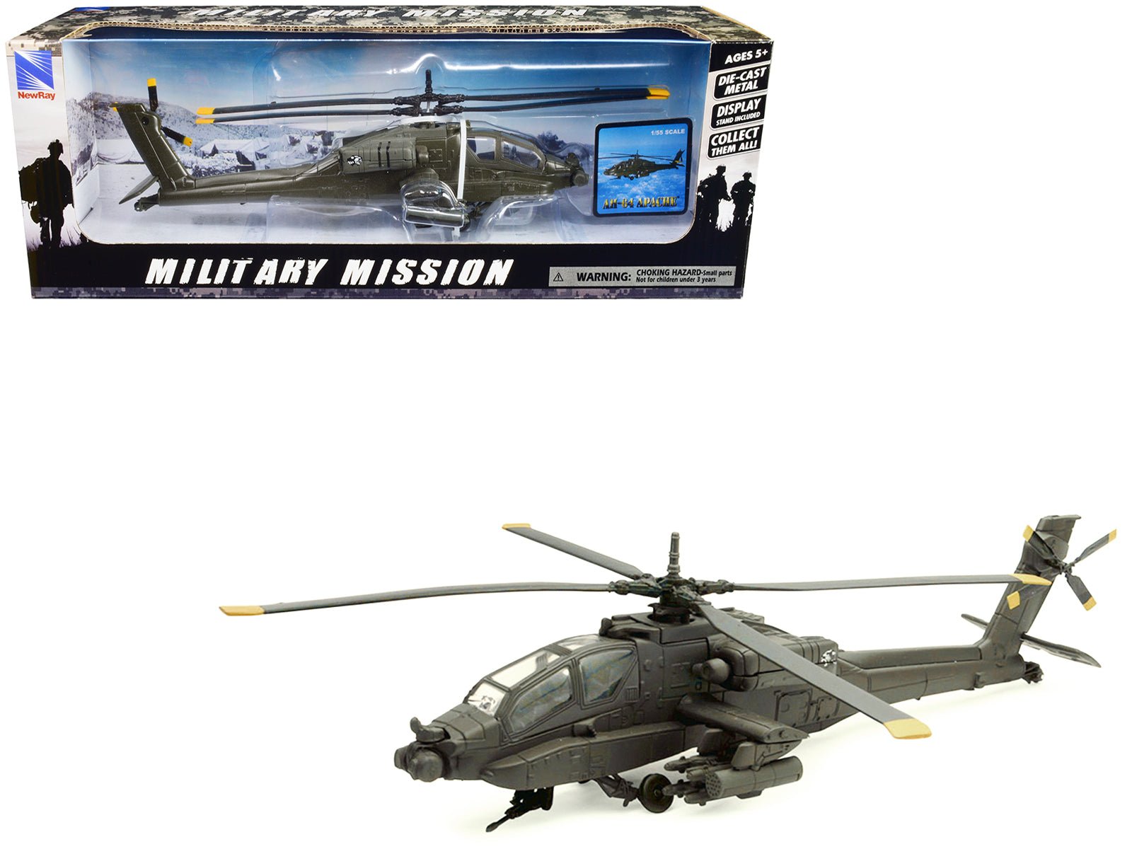 Boeing AH - 64 Apache Attack Helicopter Olive Drab "United States Army" "Military Mission" Series 1/55 Diecast Model by New Ray free shipping USA - Rapid Vehicles