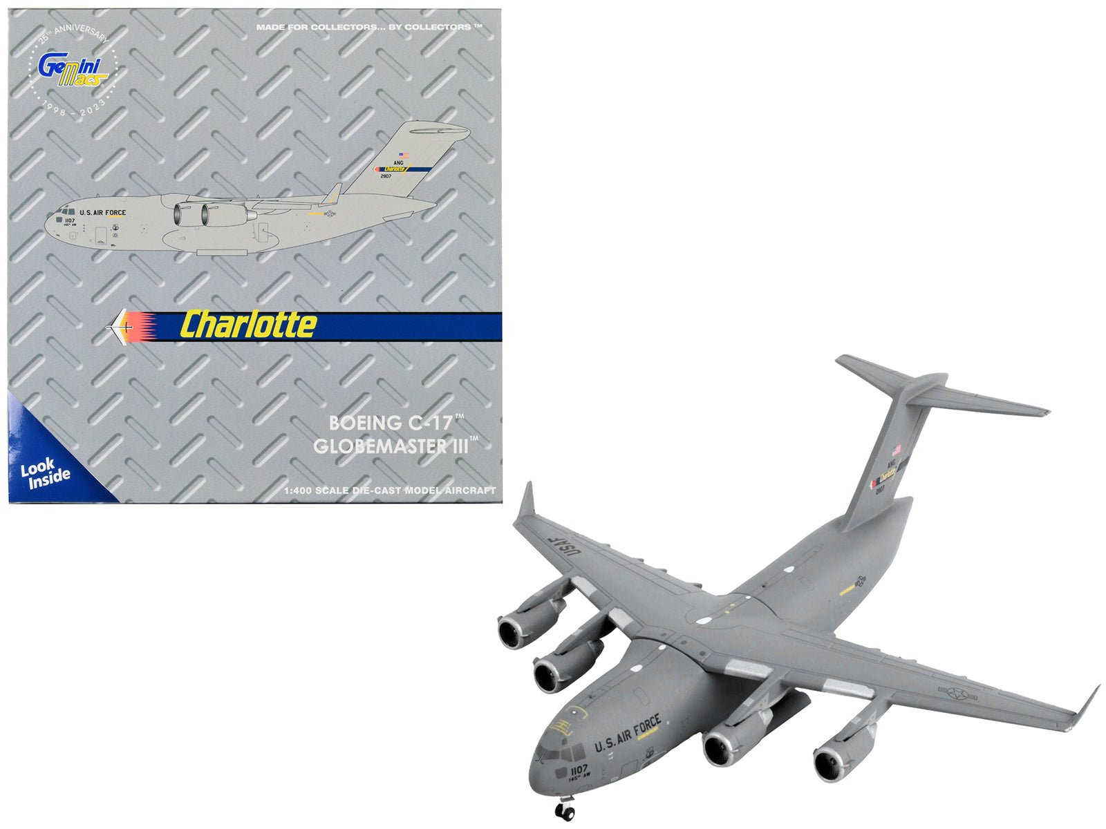 Boeing C - 17 Globemaster III Transport Aircraft "Charlotte Air National Guard - United States Air Force" Gray "Gemini Macs" Series 1/400 Diecast Model Airplane by GeminiJets free shipping USA - Rapid Vehicles