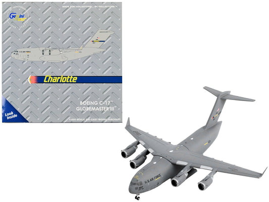 Boeing C - 17 Globemaster III Transport Aircraft "Charlotte Air National Guard - United States Air Force" Gray "Gemini Macs" Series 1/400 Diecast Model Airplane by GeminiJets free shipping USA - Rapid Vehicles