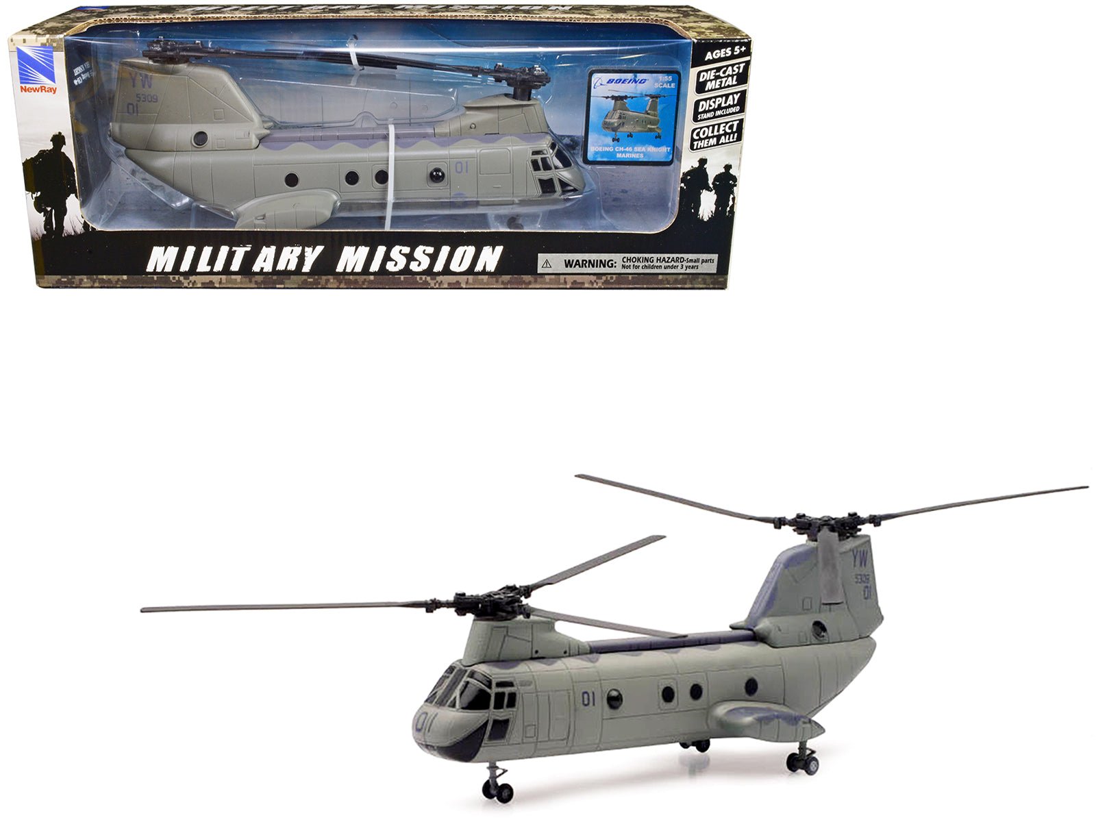 Boeing CH - 46 Sea Knight Helicopter Olive Drab "United States Marines" "Military Mission" Series 1/55 Diecast Model by New Ray free shipping USA - Rapid Vehicles