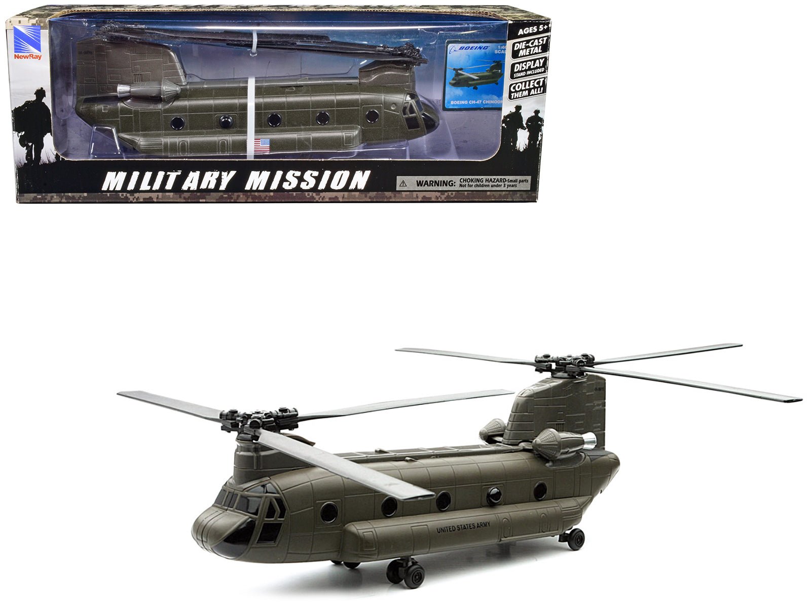 Boeing CH - 47 Chinook Aircraft "United States Army" Olive Drab "Military Mission" Series 1/60 Diecast Model by New Ray free shipping USA - Rapid Vehicles
