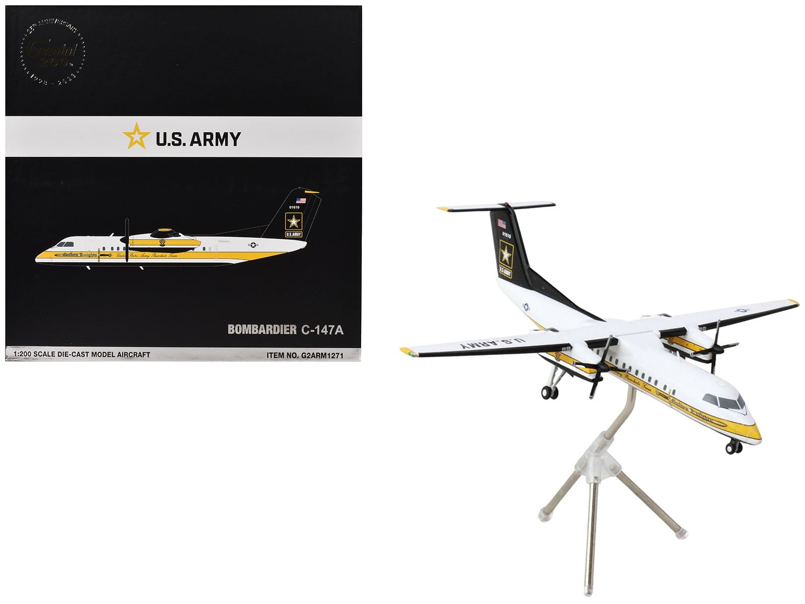 Bombardier C - 147A Transport Aircraft "Golden Knights Parachute Team" United States Army (17 - 01610) White with Yellow Stripes and Black Tail "Gemini 200" Series 1/200 Diecast Model Airplane by GeminiJets free shipping USA - Rapid Vehicles