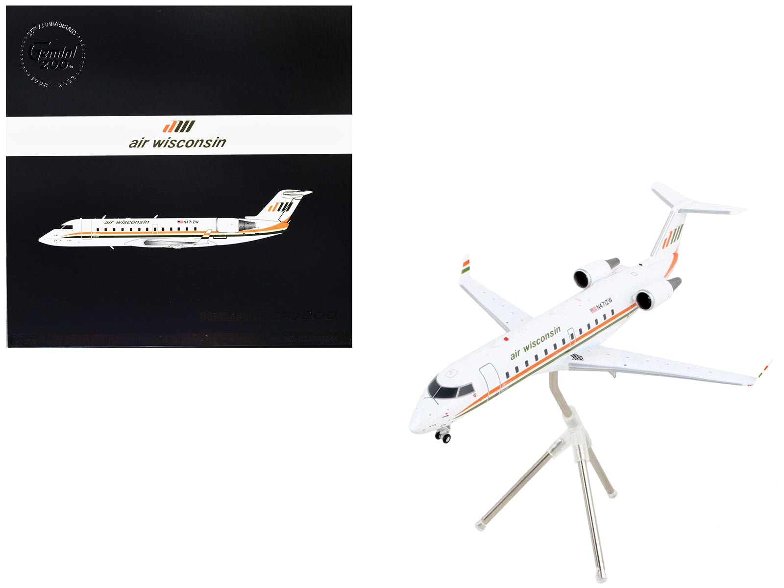Bombardier CRJ200 Commercial Aircraft "Air Wisconsin" White with Orange and Green Stripes "Gemini 200" Series 1/200 Diecast Model Airplane by GeminiJets free shipping USA - Rapid Vehicles
