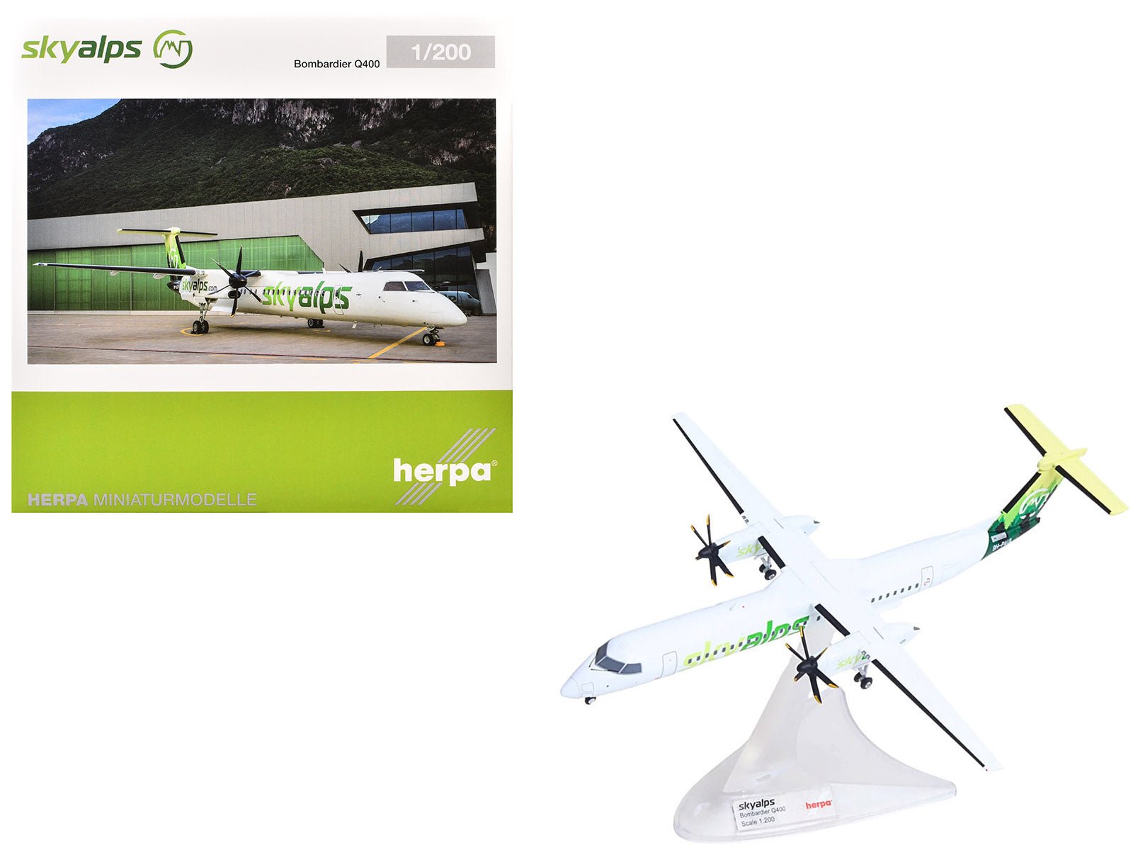 Bombardier Q400 Commercial Aircraft "Sky Alps" (9H - PAUL) White with Green Tail Graphics 1/200 Diecast Model by Herpa free shipping USA - Rapid Vehicles